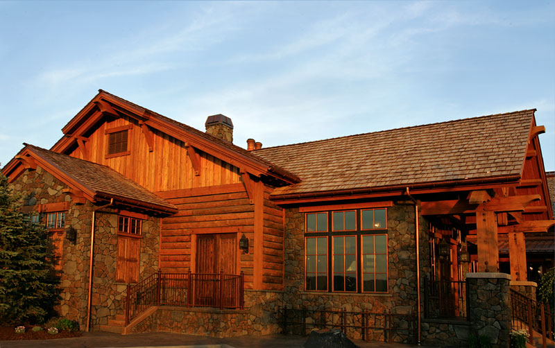 rustic log and stone clubhouse